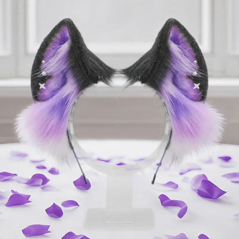 Gothic Dark Purple Handmade Star Pattern Fox Ear Rubber Headband - Comfortable Adjustable Wire Furry Accessory with Cross Charm, Non-Slip Rubber Tips, High-Density Faux Fur for Halloween, Starry Night, Cosplayers, Unisex Hair Accessory, Dark Gothic