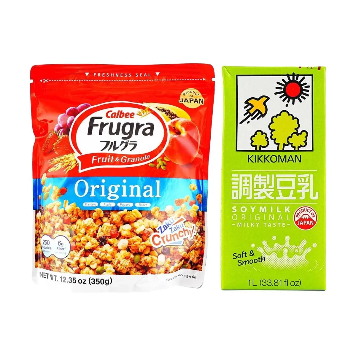 Calbee Frugra Fruit Granola Cereal 350g & Kikkoman Original Soy Milk 1L - Healthy Breakfast Bundle