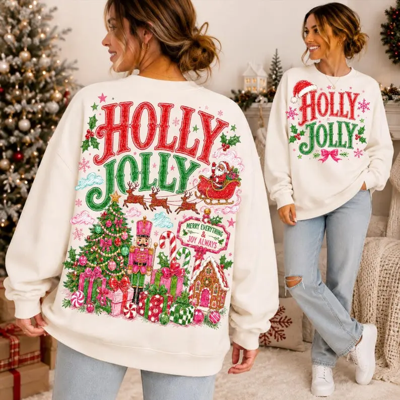 Holly Jolly Front and Back Sweatshirt, Retro Santa Christmas Tree Nutcracker Gingerbread House Sweater, Coquette Girly Holiday Pink
