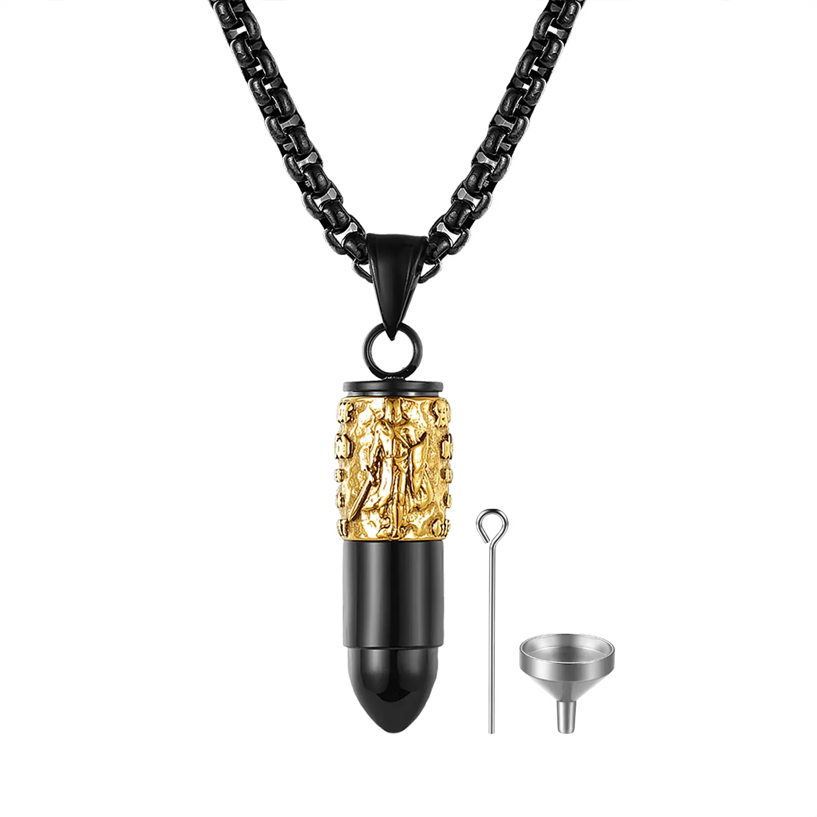 OIDEA Armor of God Pendant Necklace for Men, Gothic Biker Stainless Steel Engraved Bullet with Openable Keepsake Compartment, Silver-Gold Spiritual Jewelry, Bikers, Black Gold, Anniversary, Birthday