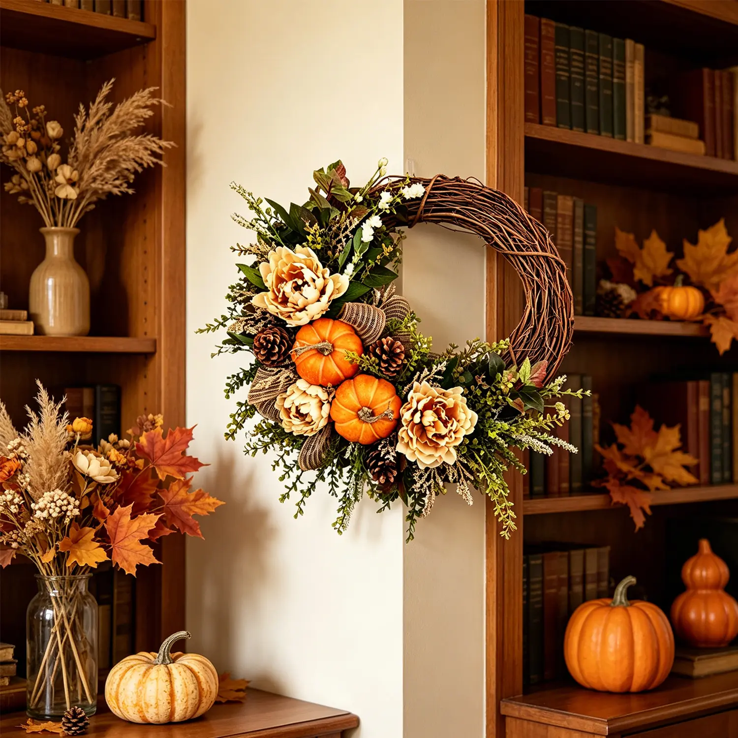 Vintage Autumn Front Door Wreath - Pumpkin & Peony Vine Woven Farmhouse Decoration, Ideal for Porches, Family Gatherings, Holiday Displays