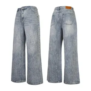 Aelfric Eden Rhinestone Decorated Loose Jeans Casual Soft Cotton Jeans Wide Leg Pants Fashion Pocket Solid Color Men's Clothing Streetwear Print Summer Outfit Set Tropical Leaf Print Short Sleeve Set Single Layer Racing Fire Suit Long Sleeve Hoodie Red M