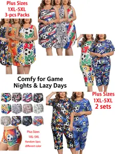 【Fashion Sale】LONAGIRL Plus Size Soccer Print Loungewear | 1XL-5XL Game Night Pajama Set for Women, Fit, Pants Loose Shorts Soft Football Flowy Cropped Comfy Breathable Womenswear Nightwear Homewear Football fans