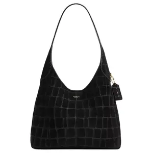 COACH Brooklyn 28 Small Suede Shoulder Bag with Crocodile Embossed Design for Women in Black Hobo Crossbody Bag Casual Commuter Bag