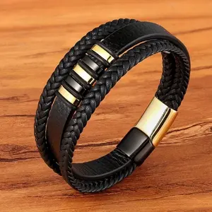 1pc Men's Bohemian Braided Faux Leather Bracelet with Golden-Tone Metal Accents - Sleek Black Woven Design, Durable & Versatile Jewelry Gift for Him