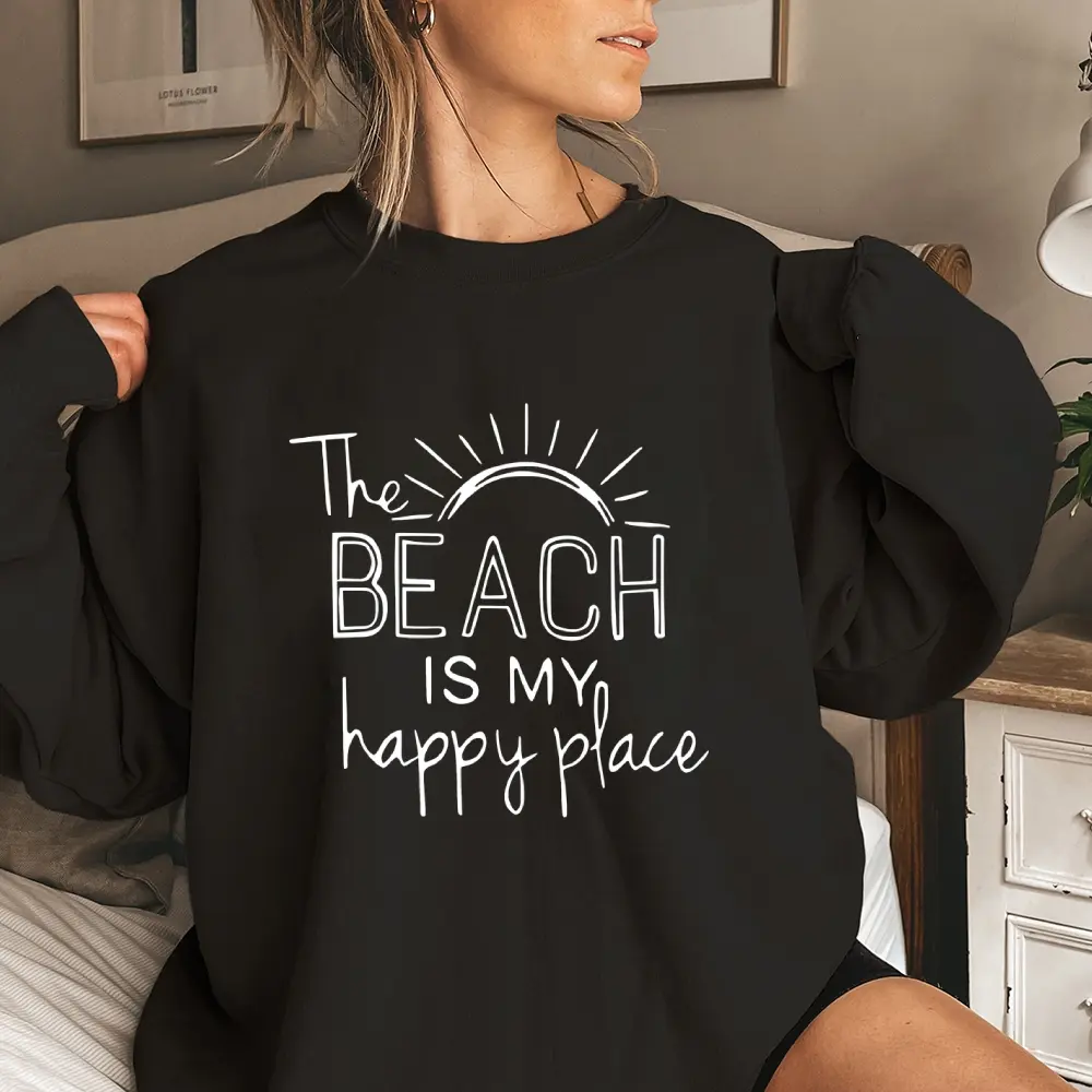 Women's “Beach Is My Happy Place” Letter & Sun Print Round Neck Sweatshirt, Casual Long Sleeve Pullover for Daily Wear, Ladies Summer Outfit