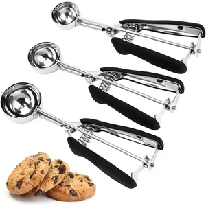 3Pcs 18/8 Stainless Steel Cookie Scoop Set Ice Cream Cookie Dough Scooper for Baking with Trigger Release Non-slip Grip