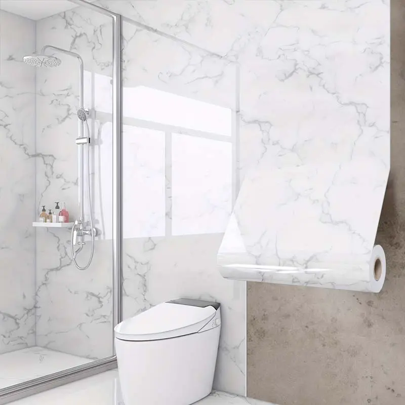 Self Adhesive Wall Sticker, Stick on Wallpaper, Kitchen Wallpaper Peel and Stick, Waterproof Glossy Surface Wall Decal, Removable PVC Wall Sticker for Kitchen Splash Guard, Bedroom, Living Room Wall, Interior Walls, Marble Backsplash Wallpaper