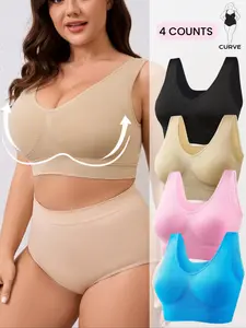 4-COUNTS Women's Plus Size Vneck Double Layer Seamless Soft Comfort Push Up Bra, Breathable Stretch Vest with Removable Padding, Wireless Casual Lady Lingerie Basics Underwear,Fit for Daily and Sport to Wear