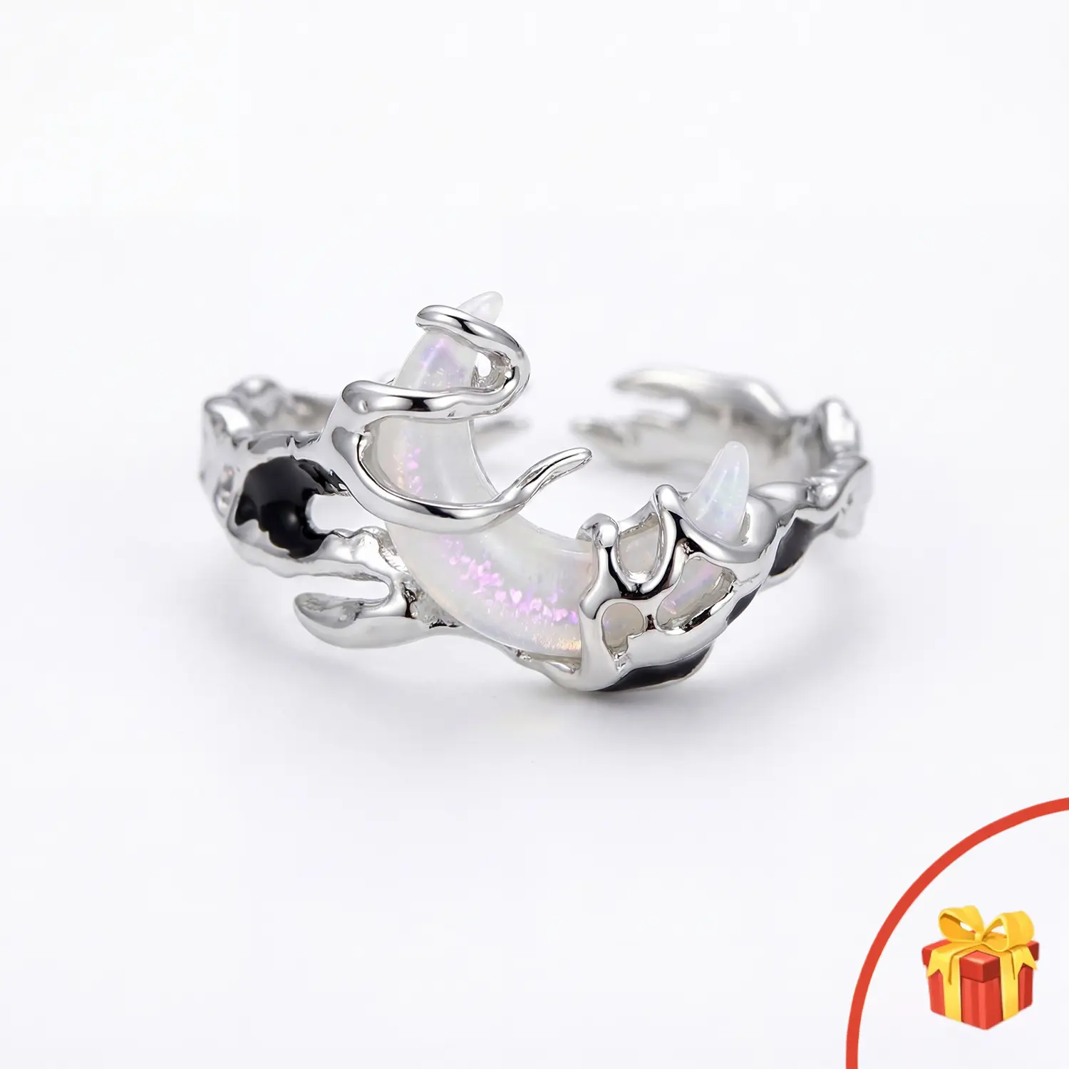 Whimsical Sculptural Melt Crescent Moon Costume Ring - Elegant Casual, Statement, Subtle Pink-Purple Iridescent Flash Accent, Adjustable Open Band, Dark Aesthetic, Whimsical Gift for Girlfriend, Elegant Casual Ring, Statement Rings