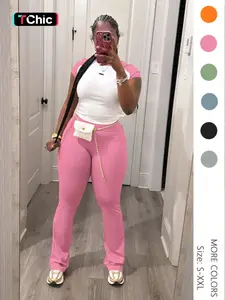 Women's Colorblock Top & Pants Two-piece Set, Womenswear Casual Fitted Fashion Cozy Breathable Two Piece Outfits for Daily Outdoor Wear, Ladies Summer Clothes