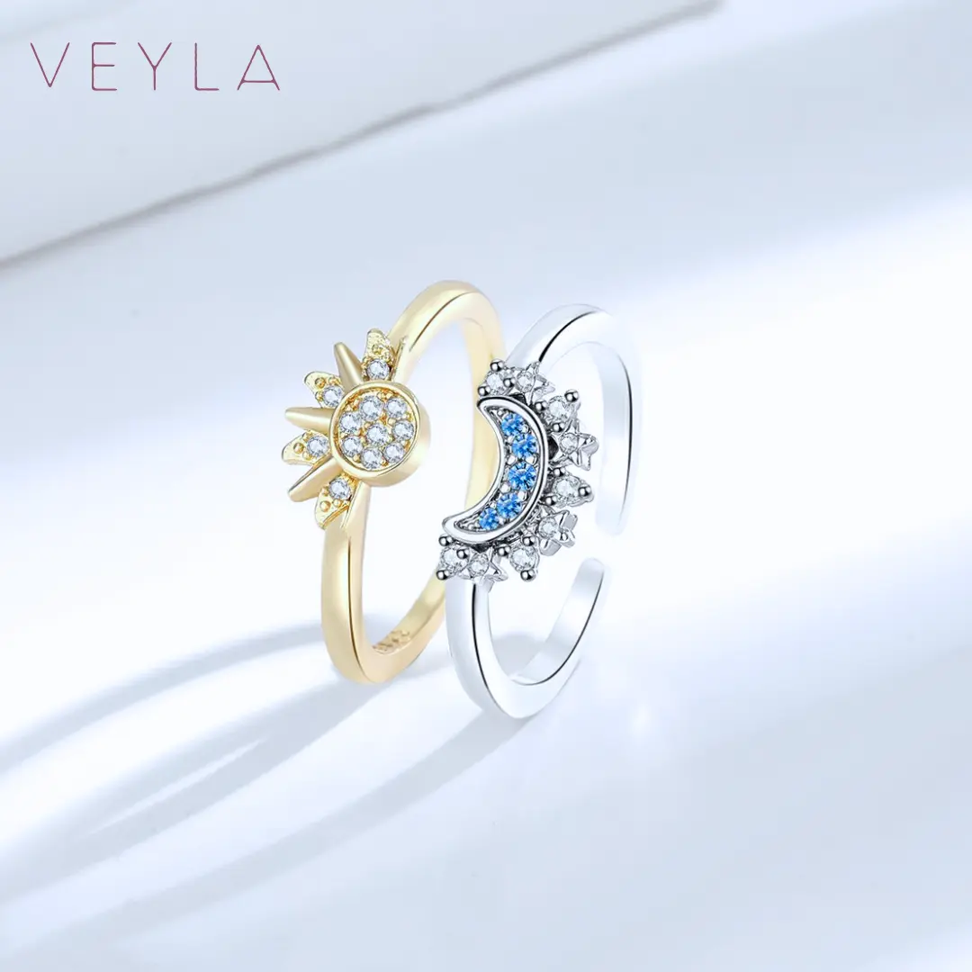 Adjustable Sun & Moon Ring Set, Gold & Silver Nested Rings, Zircon, for Couples,, Bestie, Friendship Jewelry, Stylish Stackable Matching Rings, Perfect Gift for Valentine’s Day, Christmas, Birthday & Anniversary – Veyla