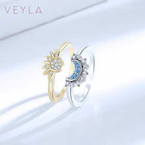 Sun and Moon Ring Set - Adjustable Gold and Silver-Tone Nesting Rings with Zircon Accents, Matching Celestial Jewelry for Best Friends or Couples, Birthday, Anniversary, Christmas or Valentine's Day Gift