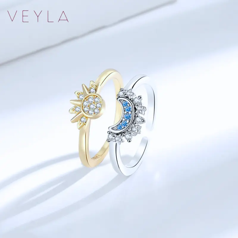 Sun and Moon Ring Set - Adjustable Gold and Silver-Tone Nesting Rings with Zircon Accents, Matching Celestial Jewelry for Best Friends or Couples, Birthday, Anniversary, Christmas or Valentine's Day Gift