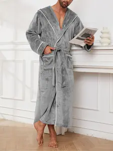 Fall Winter Men's New Plush Flannel Matching Couples Bathrobe with Belt, Long Sleeve Thick Warm Loose-Fit Casual Comfortable Drying Sleepwear Loungewear, Ideal Gift for All Ages, Textured Belted Robe
