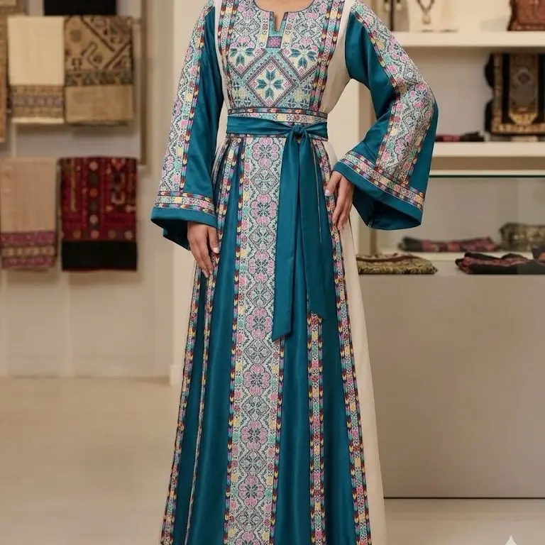 Elegant Thobe Teal and White Embroidered Midi Dress with Vibrant Patterns and Long Sleeves for Special Occasions