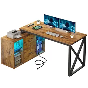 Yitahome L Shaped Desk with Power Outlets & File Cabinet, 55" Reversible Corner Computer Desk with Drawers & LED Lights, L-Shaped Desk with 4 Glass Open Storage Shelves
