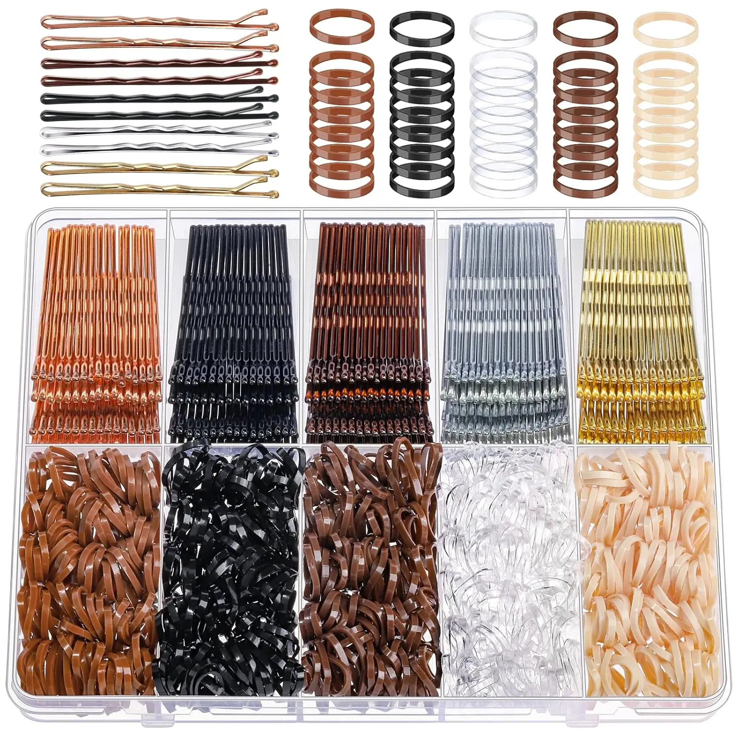 750PCS Bobby Pins for Women, 250PCS 2Inch Hair Pins for Brown Hair, Black, Blonde Hair, 500PCS Elastic Hair Ties Neutral Colors, Bobby Pins Set with Box, Hair Accessories for Women, Girls
