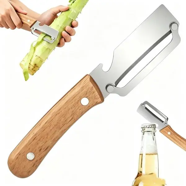 Multi-Function Sharp Steel Blade Fruit-Vegetable Peeler with Anti-Slip Ergonomic Solid Wood Handle, Attached Bottle Opener, Compact Sturdy Kitchen Utensil for Daily Use Meal Preparation (Home Supplies), Utensils