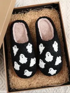 Women's Halloween Themed Cartoon Ghost Pattern Plush Slippers, Casual Soft Comfortable Home Slippers, Warm Slippers for Indoor & Outdoor Use for Fall & Winter, Anti Slip Slippers