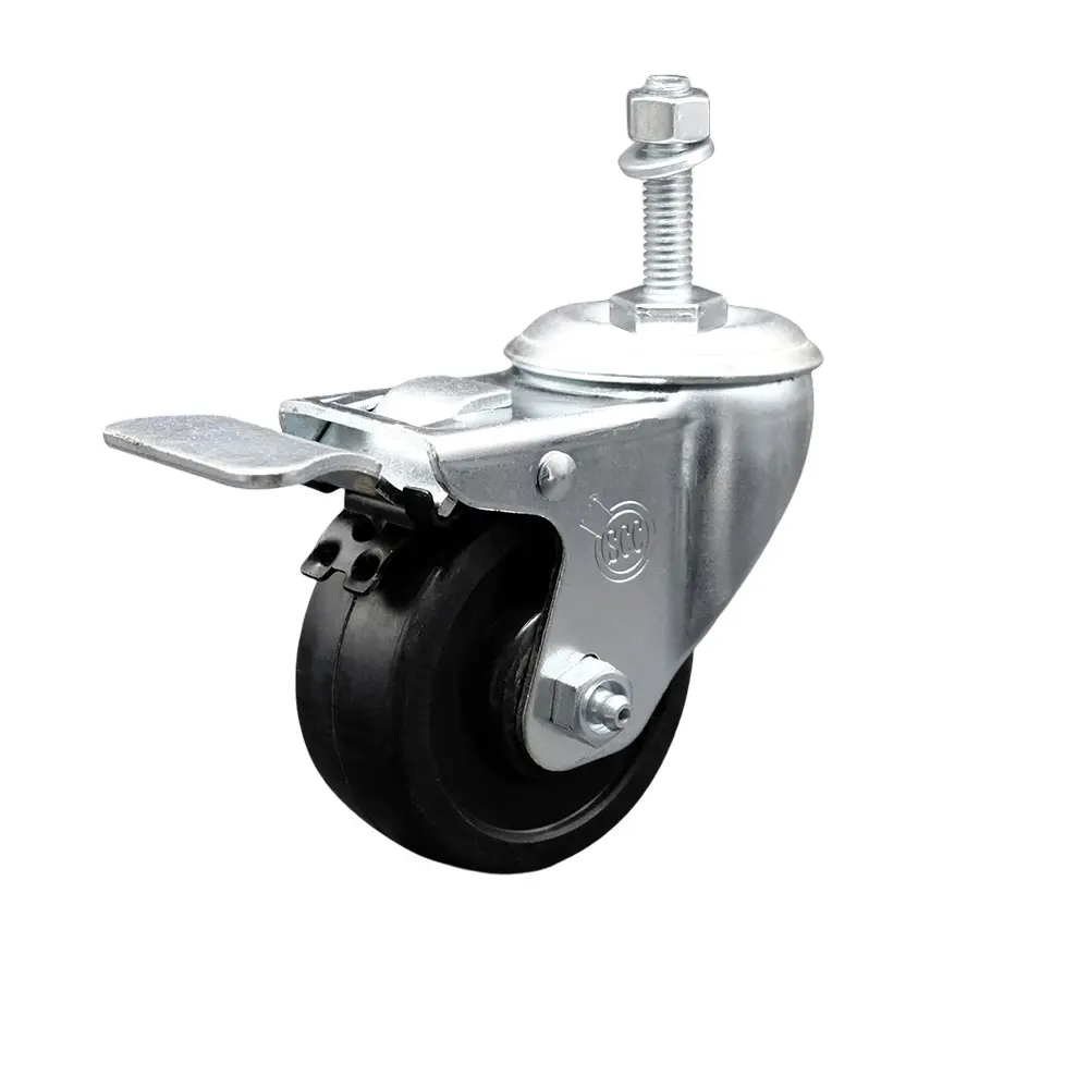 212 MAIN Shiny Metal Lockable Swivel Furniture Moving Wheels, 3x1.25 in. Black, 10 mm Threaded Stem, Total Locking Brake, Chemical Safe, SCC-SSTSTTL20S314-SRS-M1015 Model, Furniture Moving Wheel, Lockable Wheels