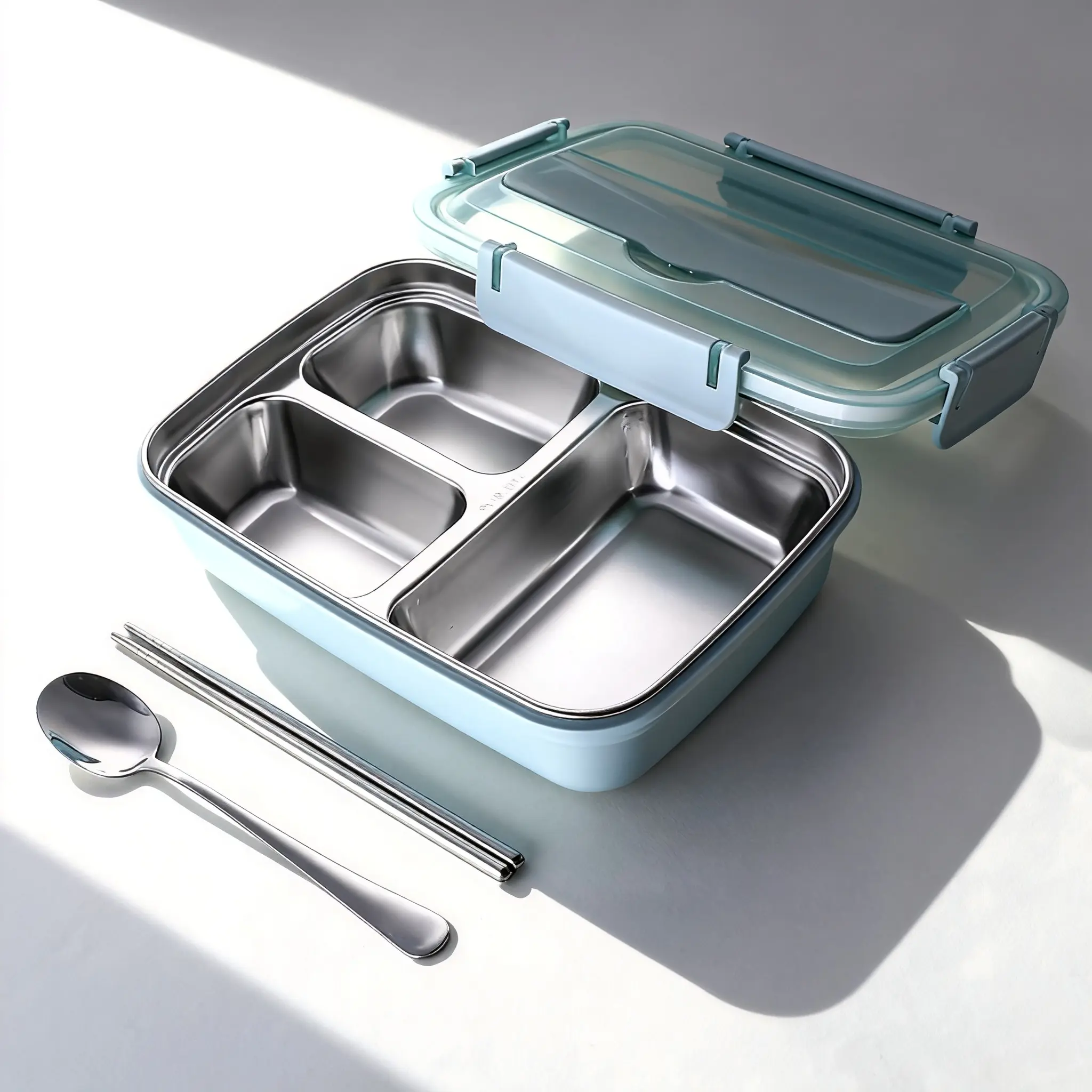 Aesthetic Reusable Thermal Personal Lunch Box with Lid - 3-Grid Insulated Steel & Silicone Bento Set, Blue, Includes Spoon, Chopsticks, Tableware, Snack Container