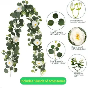 70 Inch Eucalyptus Rose Wreath, Plastic Flower Vine, Lifelike Artificial Flower, Artificial Rose Flowers, Artificial Plants, Artificial Roses for Home Decor, Wedding and Engagement Table Decoration, Ideal Party and Indoor Wall Background