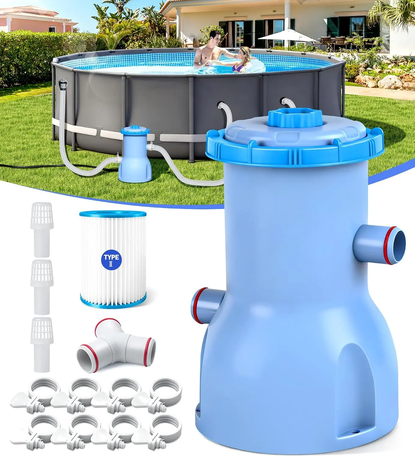 530 GPH Pool Filter Pump for Above Ground Pools, ETL Certified Cartridge Filter with Fast Water Circulation & Debris Removal