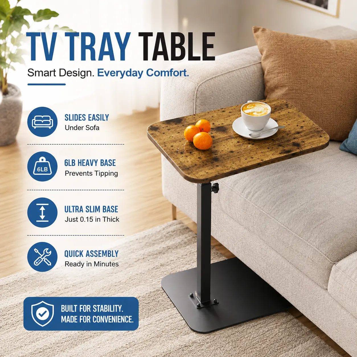 TV Tray Side Table for Couch - 360° Swivel Adjustable Height Rotating Sofa Table C Table End Table Laptop Desk with Phone & Tablet Slot, Perfect for Eating Working Reading, Fits Small Spaces