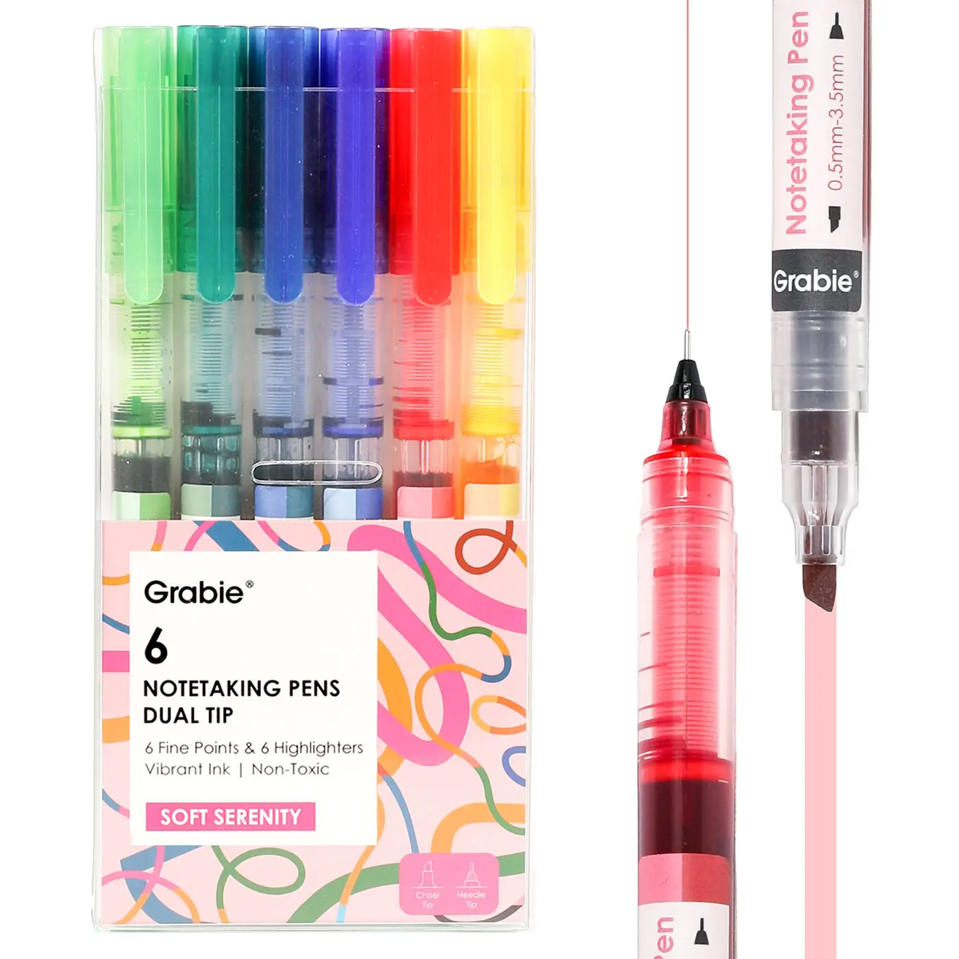 Grabie Soft Serenity 6-Piece Dual-Tip Note Taking Pens Kit - 3.5mm Chisel Tip, Color-Themed Pens & Refills, Highlighters, Aesthetic Office Supplies, Back to School Supplies, Class Reward Gift Idea