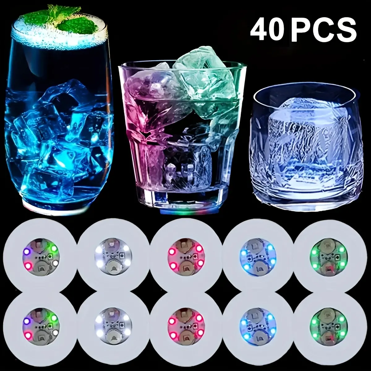 40-Piece Set of Glow-in-the-Dark LED Coasters Colorful & White Battery-Powered Plastic Drink Coasters with Included Batteries for Party Supplies Bar Accessories & Club Decorations