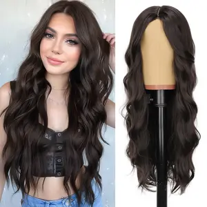 [AISI HAIR] Rich Dark Brown Silky Shine Wig for Women Long Wavy Lace Synthetic Scalp Natural Hairline Glueless Middle Part 26Inch Daily Party Use
