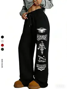 Gothic Style Printed Straight-Leg Sweatpants, Loose Fit Unisex Casual Street Wear, Comfortable All Season Sports Pants