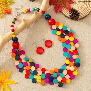 Retro Multi-Color Round Disc Beaded Multi-Layer Jewelry Set - Necklace and Bracelet, Ideal Anniversary Gift