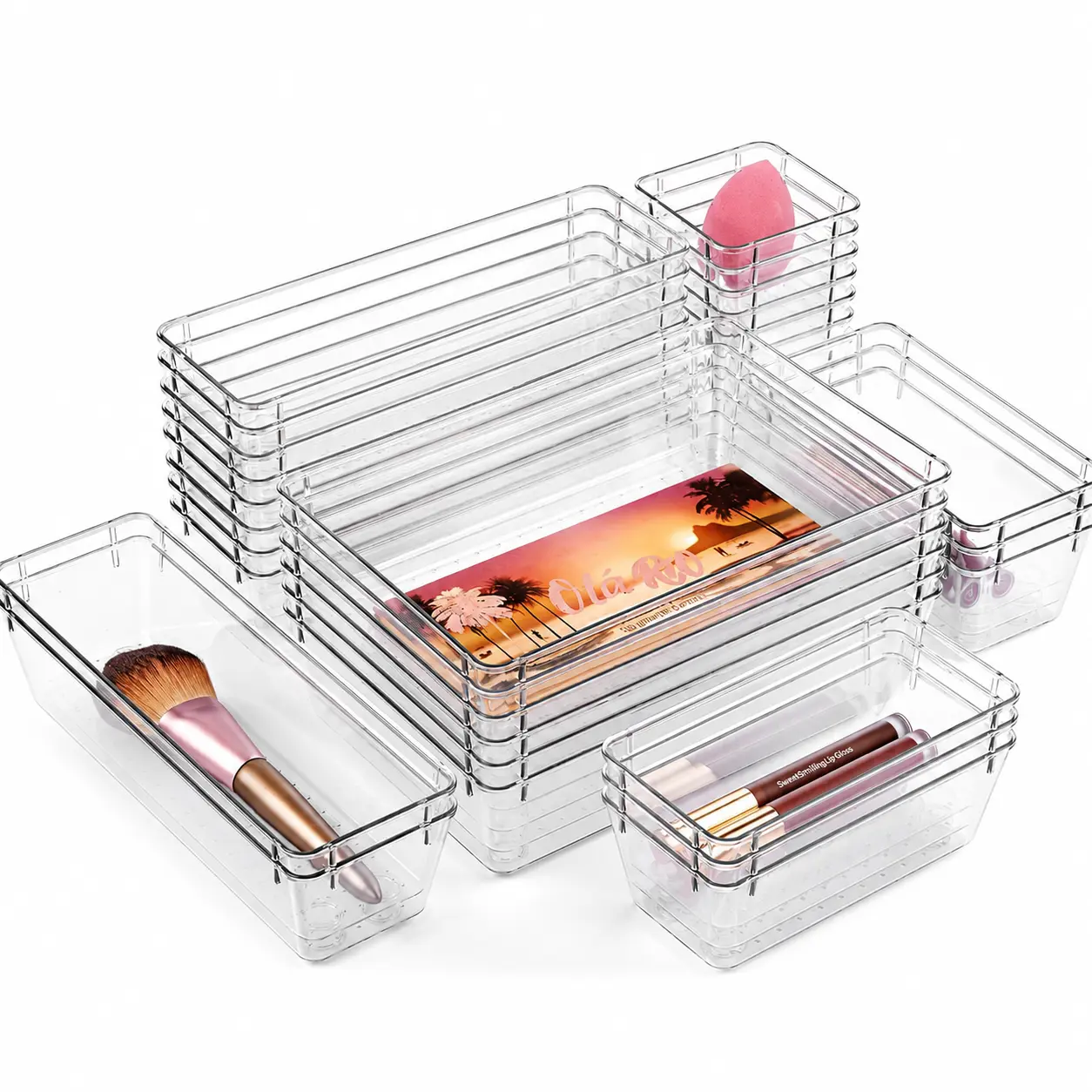28 PCS Clear Plastic Drawer Organizers Set, 4-Size Bathroom and Vanity Drawer Organizer Trays, Acrylic Storage Bins for Toiletries, Makeup, Cosmetic, Kitchen Utensils, Tool, Gadgets
