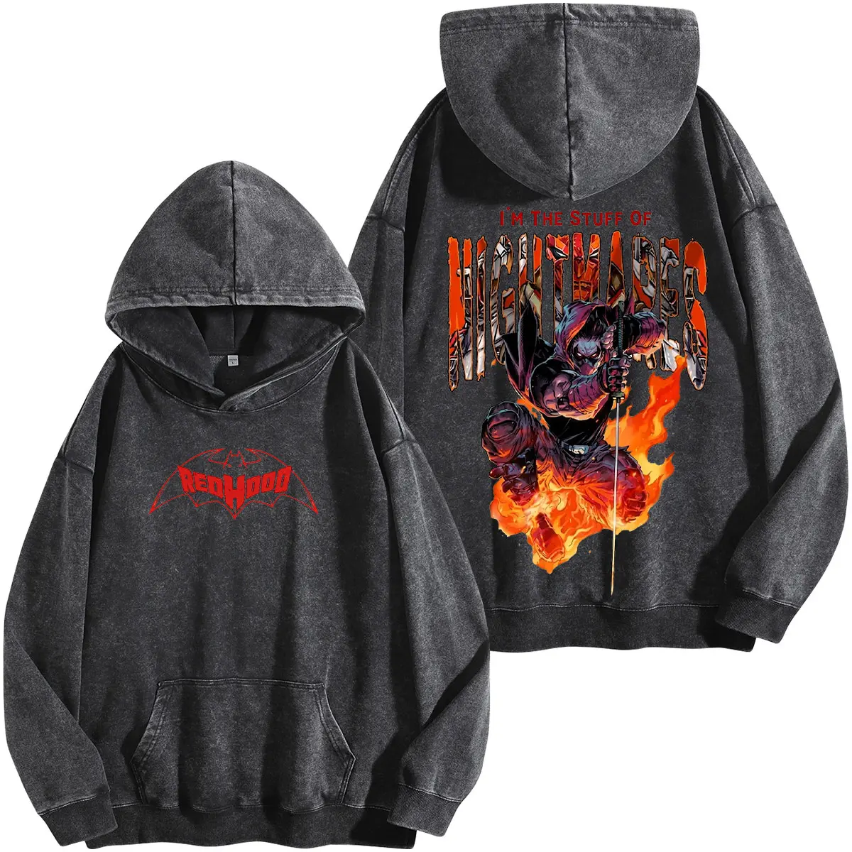 Jason Todd Red Hood Nightmares Vigilante Sayal Acid Washed Hoodie Streetwear Culture Boxy Silhouette Urban Statement Piece High Street Fashion Grunge Aesthetic Cyber Y2K Graphic Tee Edge Retro Menswear Classic Apparel