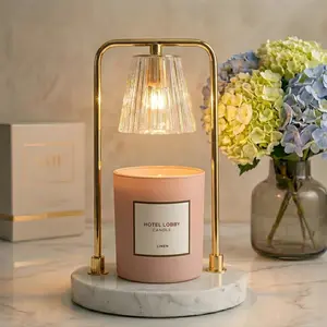 Electric Candle Warmer Lamp with Timer & Dimmer, Real White Marble Base and Gold Frame, 2 Bulbs Included, Safe Flameless Wax Melter Compatible with Small & Large Scented Candles