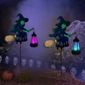 2PC Halloween Hanging Witch Decor Outdoor, Ghost Solar Light, Witch Broom Lantern, IP44 Waterproof Outdoor Indoor Haunted House Prop, Halloween Courtyard Decor for Front Yard Lawn Garden Party Decor