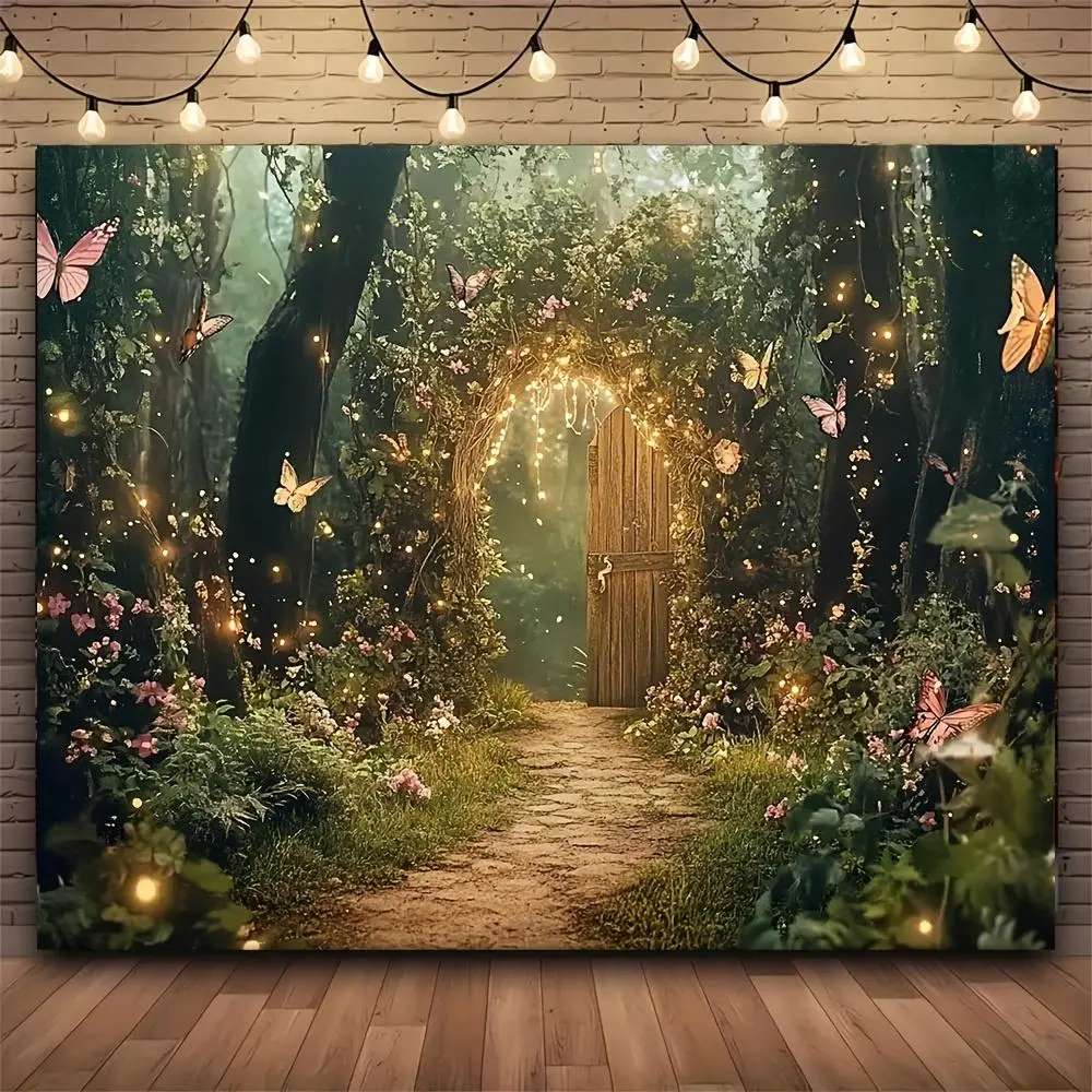 Polyester Spring Fairy Tale Printed Backdrop - All Over Print Festive Backdrops & Banners, Vibrant Magic Garden, Butterflies, Grass, Banner Booth Props, Summervibe Design for Birthday Parties, Studio Photography