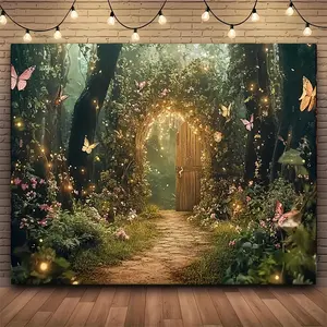 Polyester Spring Fairy Tale Backdrop - Vibrant Magic Garden with Butterflies, Grass, Banner Booth Props, Summervibe Design for Birthday Parties, Studio Photography