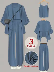 Plus Size Women's Solid Color Three-Piece Set Outfit, Spaghetti Strap Vest, Open Front Cardigan, Loose-Fit Pants, Casual Winter Womenswear Fabric, Fitted