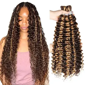 Ombre Braiding Hair 1 Bundle P4/27 Human Braiding Hair Deep Wave Honey Blonde Braiding Hair Highlight Deep Wave Bulk Human Hair Brazilian Brown Bariding Hair for Boho Braids