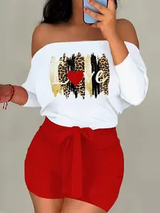 Women's Lip Print Off Shoulder Knit Crop Top & Skinny Shorts Fitted Two-piece Set, Casual Fashion Top & Shorts for Daily Wear, Ladies Clothes for All Seasons, Womenswear, Clothing