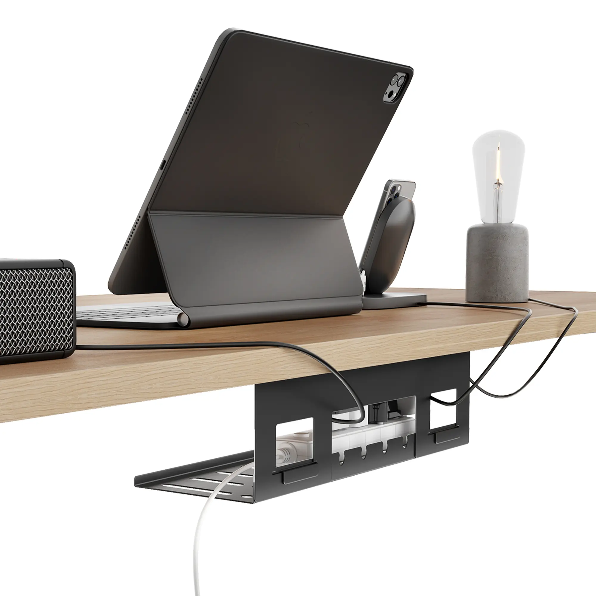 PEGZONE Metal Under Desk Cable Management Tray - 15.7"/31.5" Desk Accessories, Cord Organization Tool with Divided Section, Plug Holder, Removable Dividers for Easy Installation, Tech Organizer