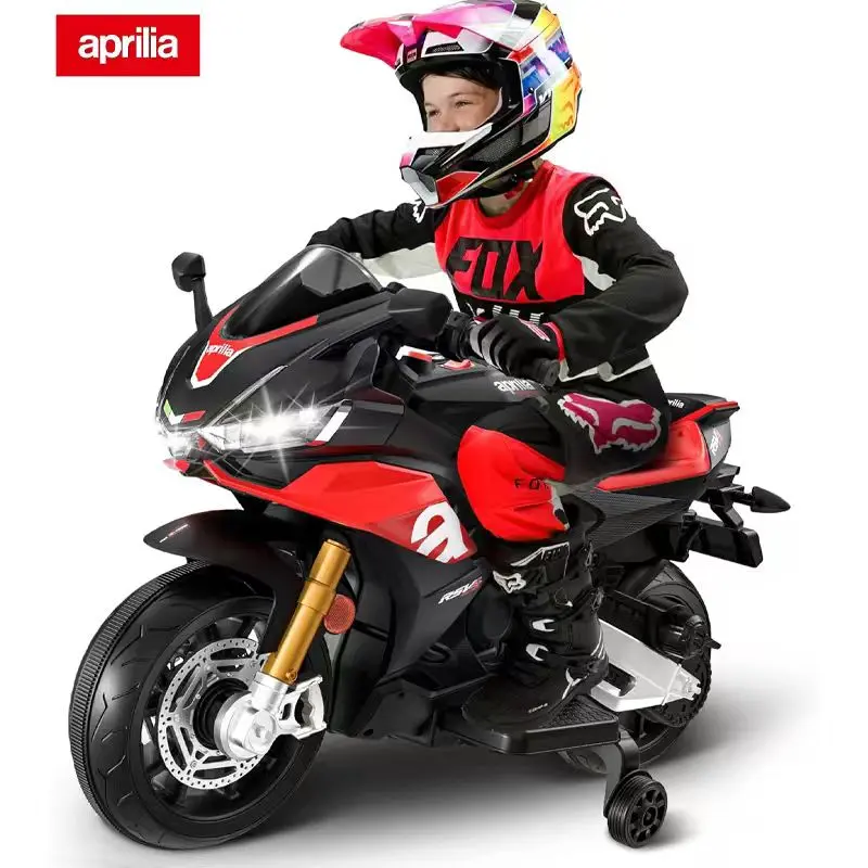 Aprilia Licensed 12V Battery-Powered Kids Electric Motorcycle, Ride On Car with Long Battery Life, EVA Wheels, Training Wheels, Large Seat, Safe Design, Early Education, Sound Effects, FM963 Safety Certified for Children Development