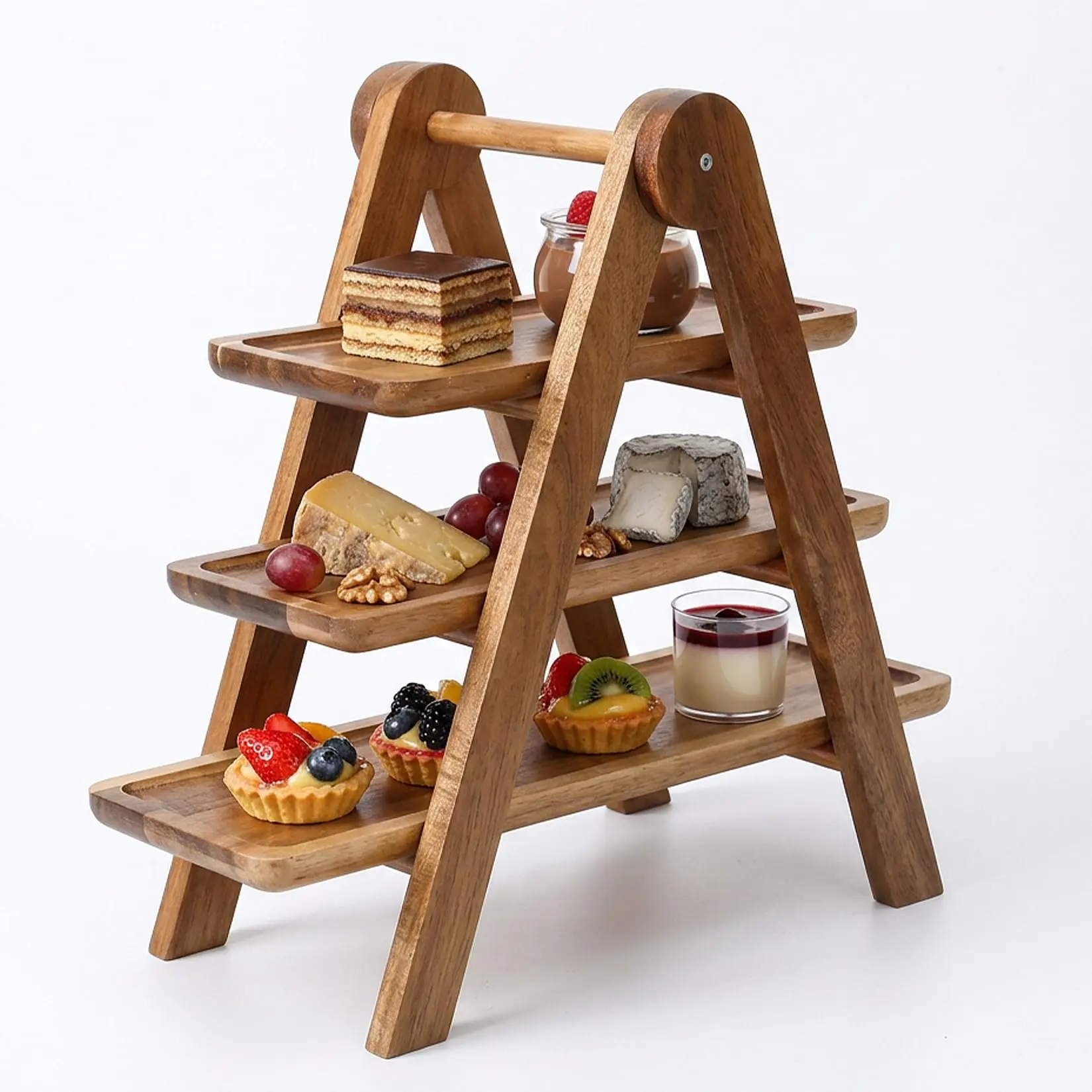 3-Tier Collapsible Wooden Serving Tray Rack, Space-Saving Rustic Display Stand with Handle & Detachable Deli Platter Board – Multi-Functional Kitchen Organizer for Counter or Dessert,home decor,camping essentials