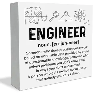 Engineer Decor Wooden Box Sign, Engineering Gifts for Engineers Civil Software Mechanical Electrical, Engineer Definition Decorative Plaque Sign for Home Office Shelf Table 5x5 inch