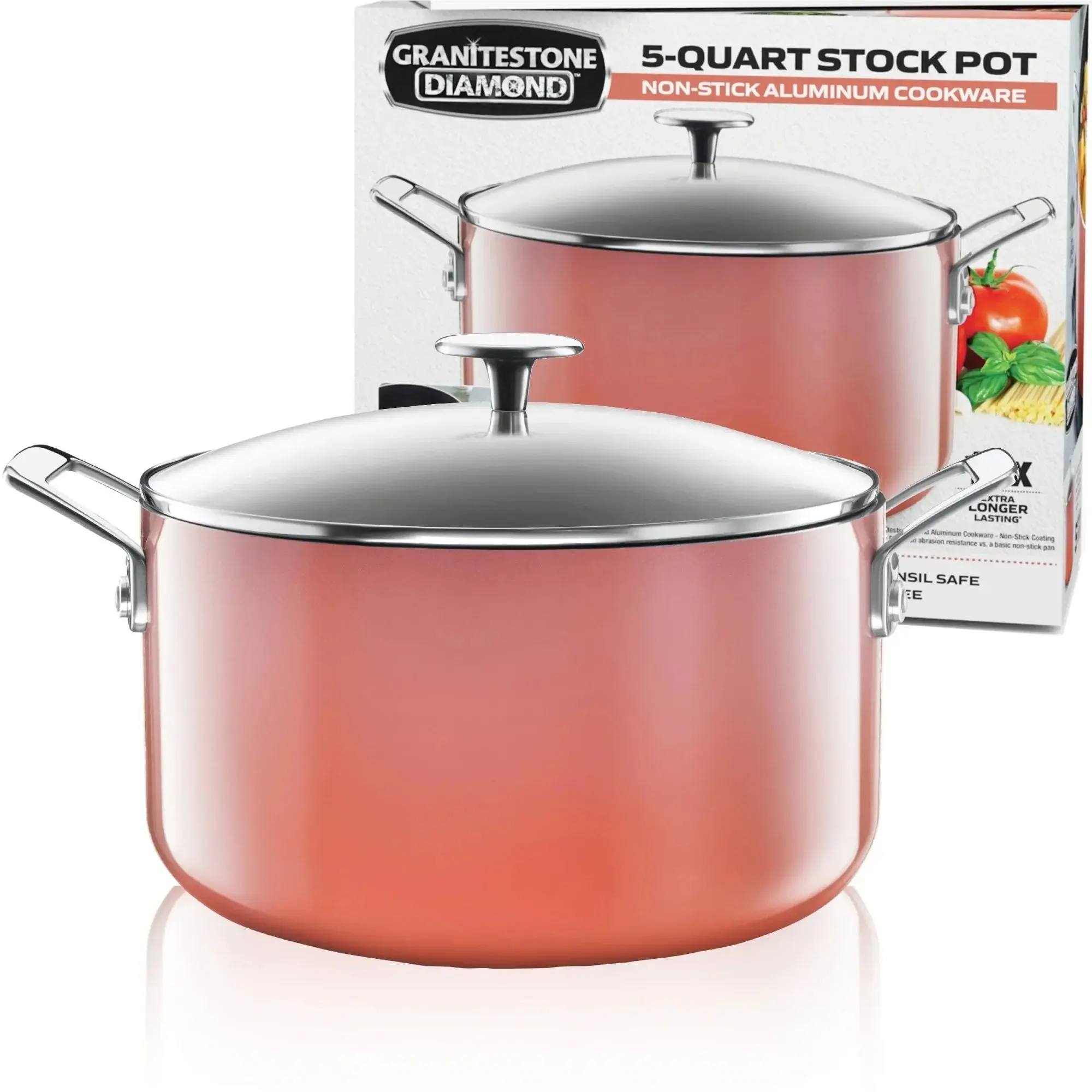 5QT Coral Nonstick Stock Pot with Glass Lid, Multi-Use Soup & Pasta Pot for Boiling, Stewing & Baking, Oven Safe Aluminium