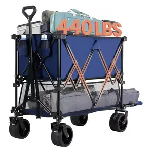 440 lbs Heavy Duty Double Decker Wagon, 400L Large Capacity Foldable Utility Cart with Brakes & All-Terrain Wheels, Collapsible Garden Wagon for Beach Camping Shopping