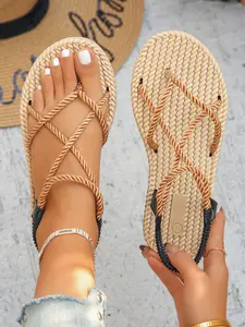 Women's Vintage Handwoven Cross Strap Rubber Sandals, Large Size Casual Summer Shoes, Perfect for Beach Parties and Outdoor Activities